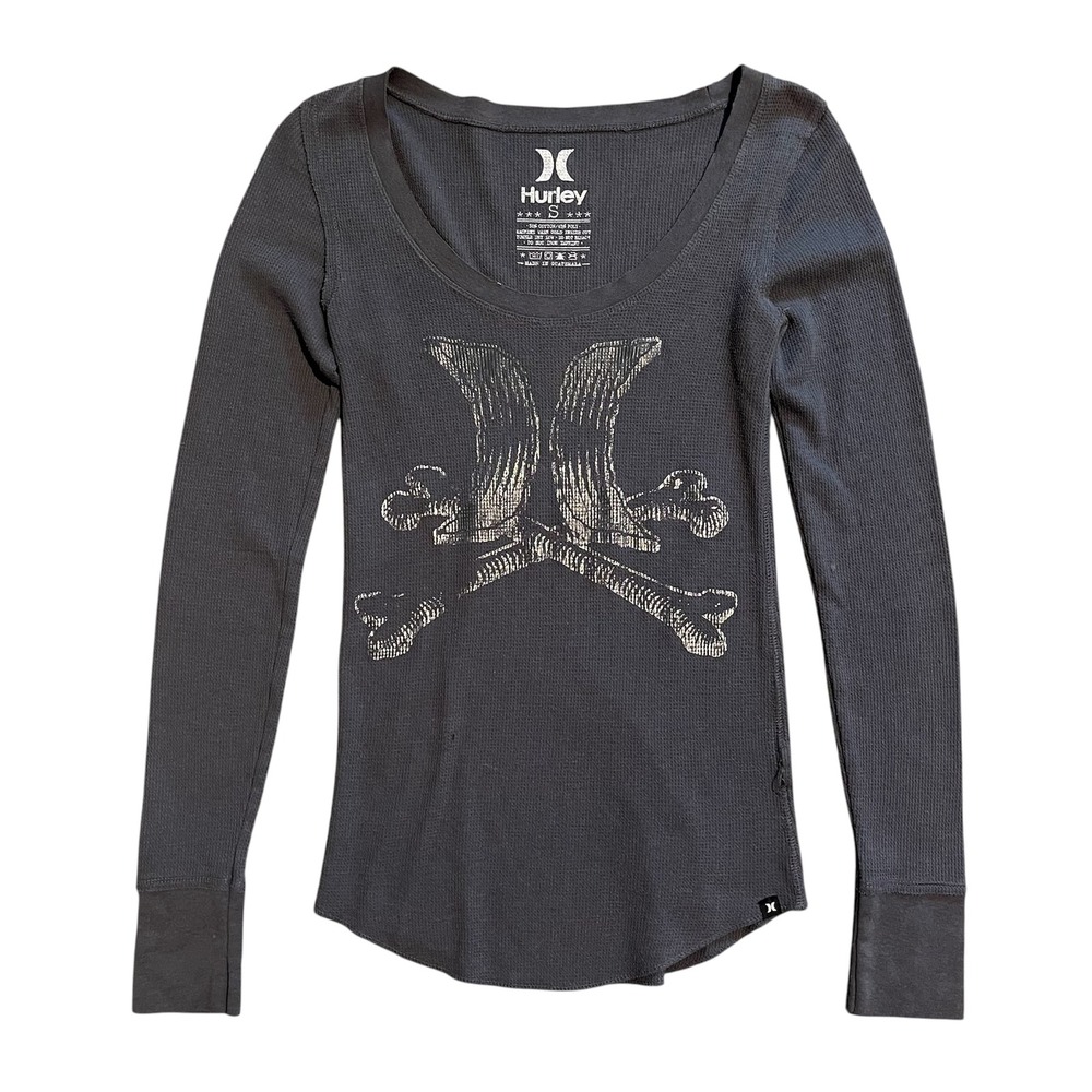 Hurley Womens Charcoal Grey Waffle Knit Thermal Long Sleeve Skull Graphic Top S